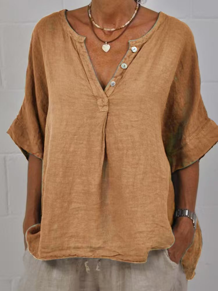 Women's Cotton Linen V-Neck Button-Up Shirt