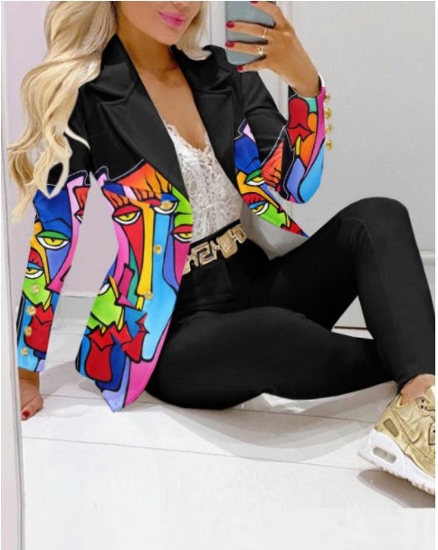 Women's Printed Coat & Trousers Two-Piece Set – 19 Prints, Casual Fashion Suit