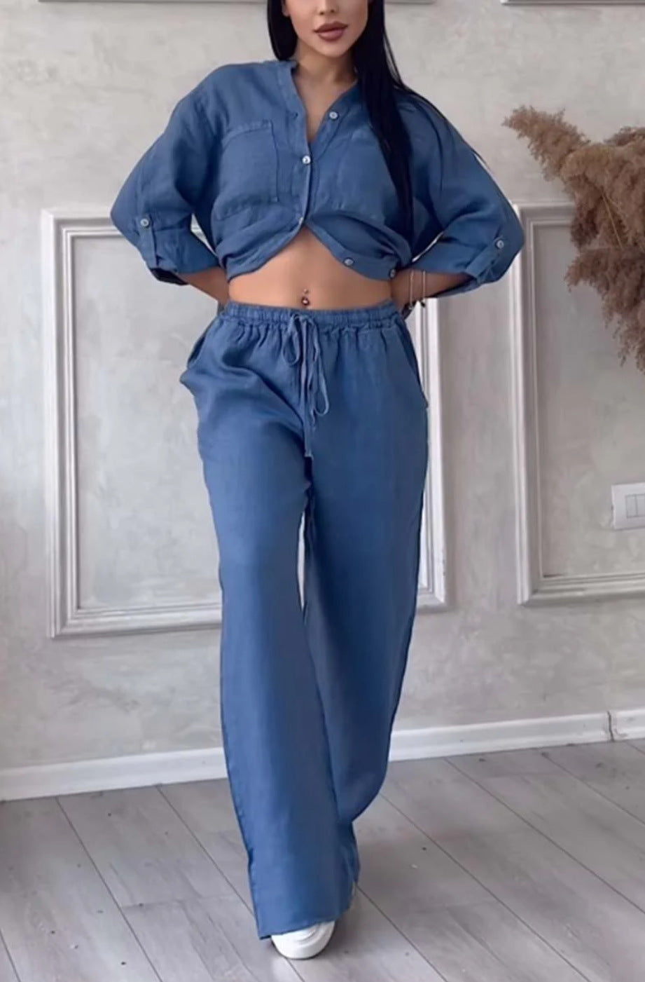 Wide-Leg Pants & Lace-Up Top Two-Piece Set – Solid Color, 12 Colors S–5XL