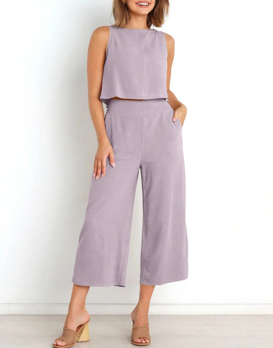 Sleeveless Tank Crop Button Back Top Cropped Pants Set With Pockets