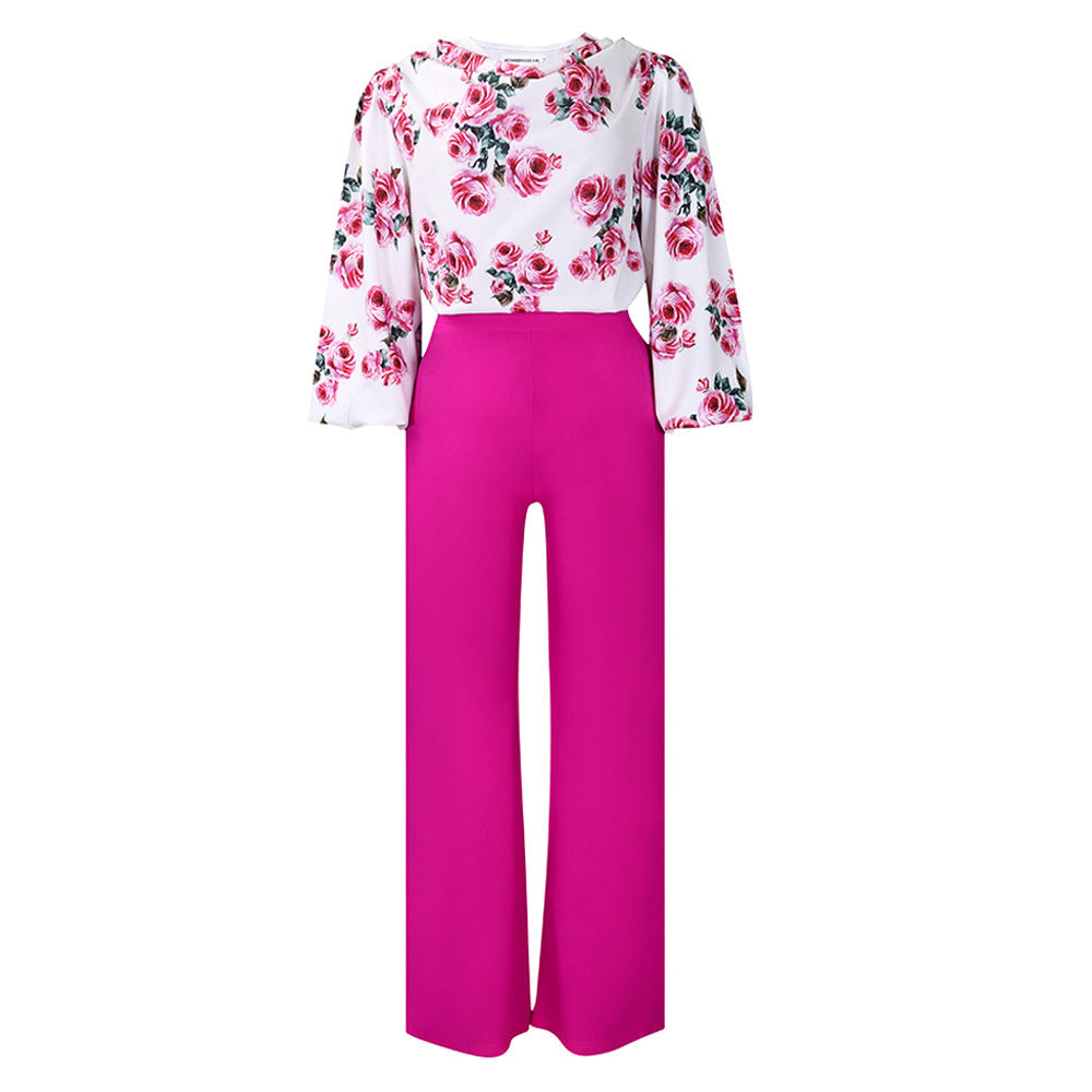 Printed Floral Lace-Up Top & Wide-Leg Pants Set – 4 Colors, S–3XL