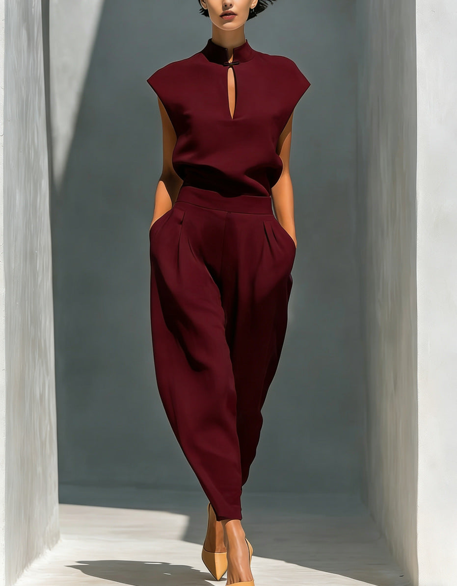 Women's Chinese-Style Satin Short-Sleeve Top & Pants Set
