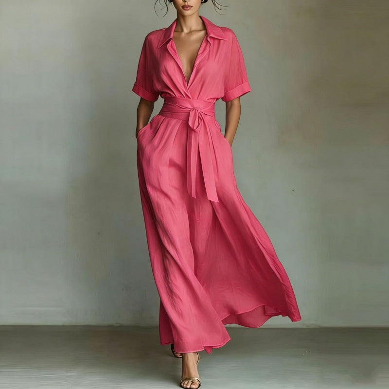 Women's Solid Color Waist-Slimming Maxi Dress — Flip Collar