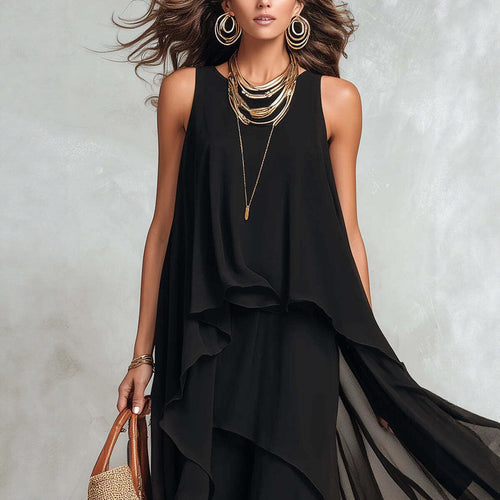 Asymmetrical Ruffle Mesh Chiffon Sleeveless Maxi Dress – Black, XS–XXL