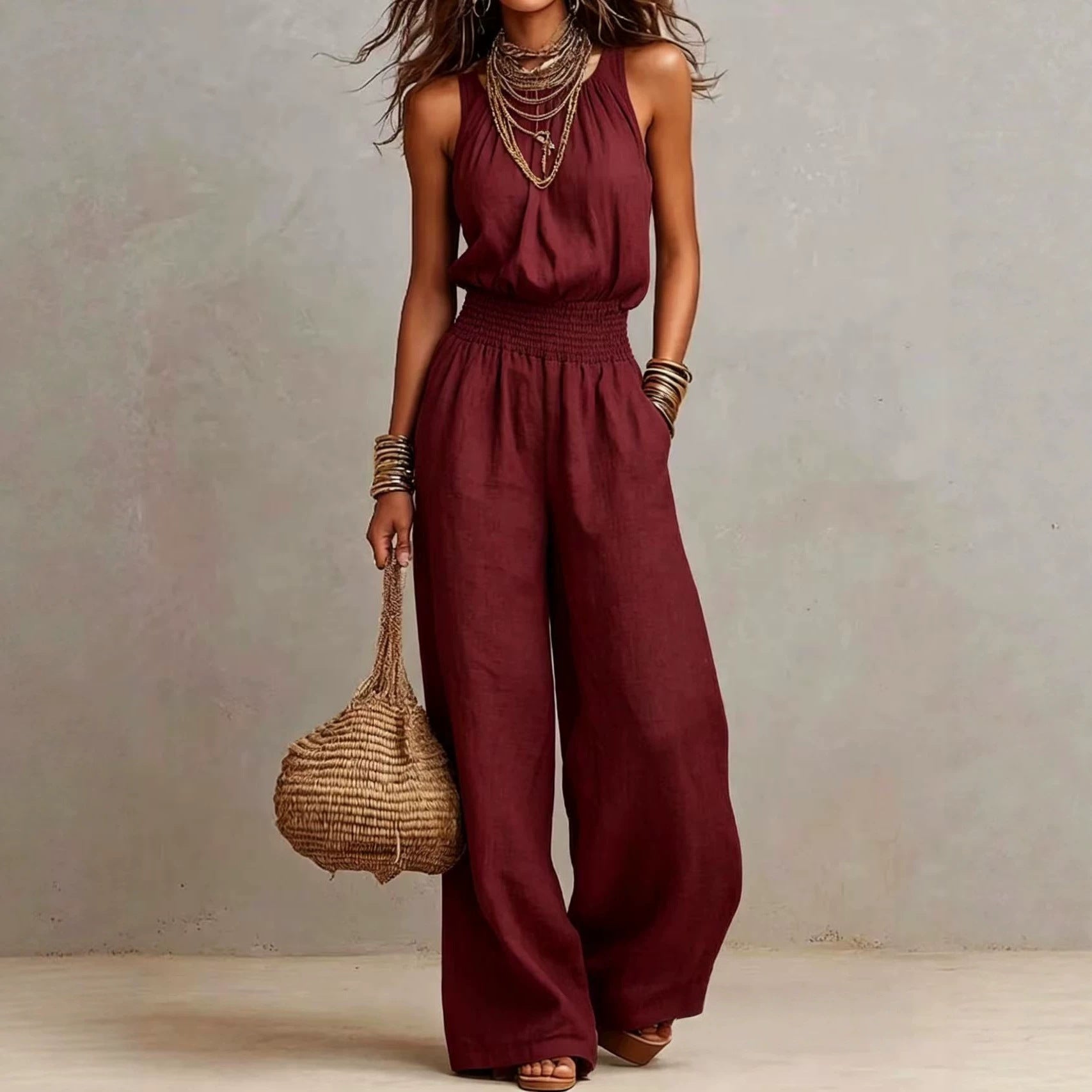 Women's Halter-Neck Backless Wide-Leg Jumpsuit – Solid Color Street Style