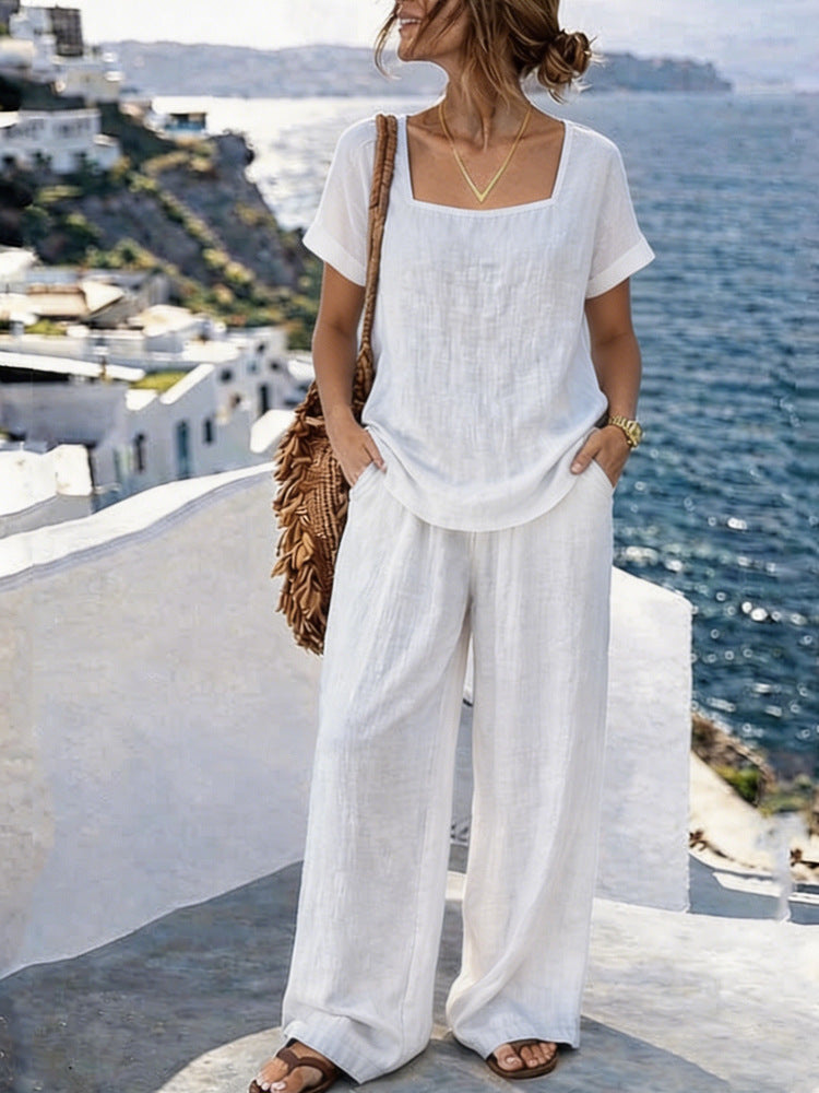 Women's Square-Neck Short-Sleeve Pantsuit – Cotton Blend Two-Piece Set