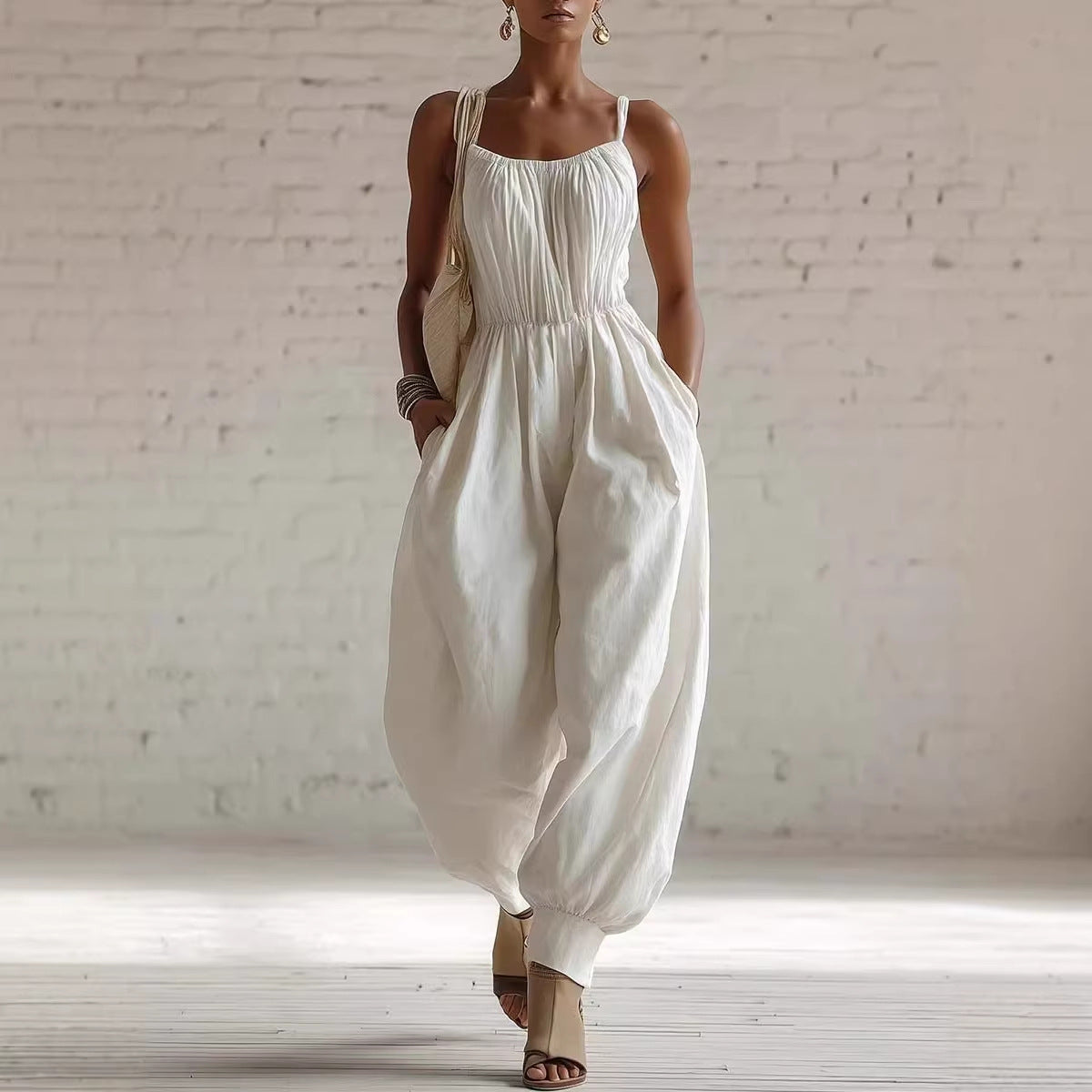 Women's Sleeveless Wide-Leg Jumpsuit – Knit, Low Waist, Flare Pants