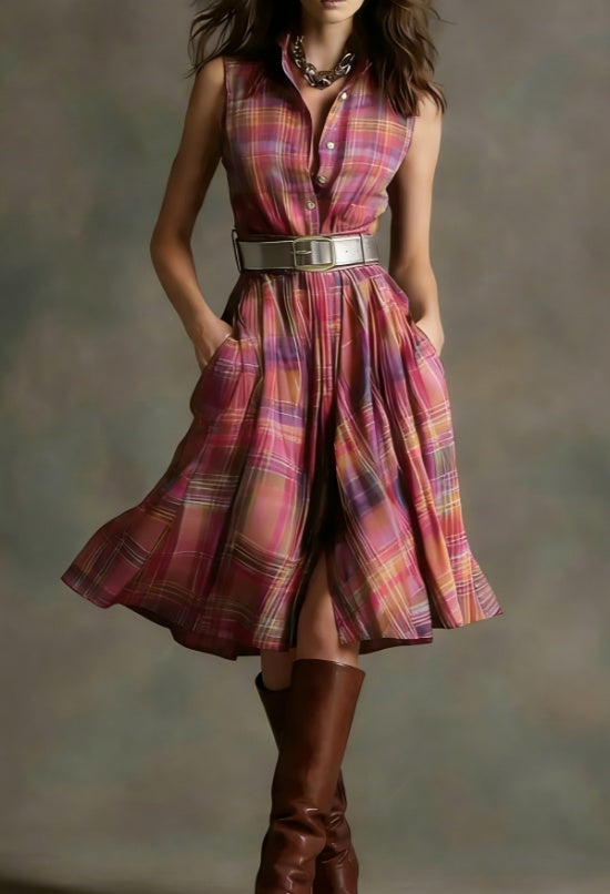 Women's Plaid Collared Sleeveless Fitted Waist Dress