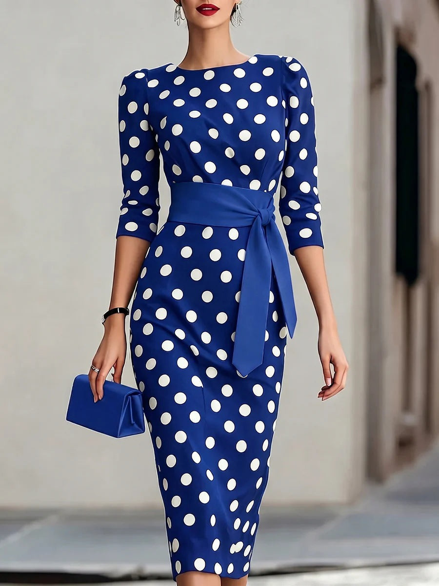 Women's Retro Polka-Dot Bodycon Midi Dress – Belted Cross-Tie