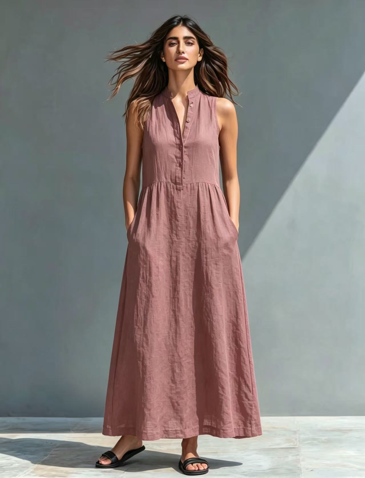 Women's Stand-Collar A-Line Maxi Dress – Resort & Vacation Style