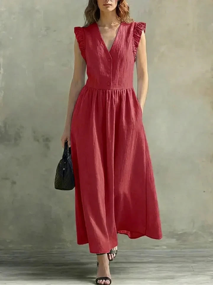 V-Neck Puff-Sleeve Dress with Pockets – Cotton Linen, 7 Colors