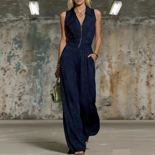 Floral Print Zip-Up Sleeveless Jumpsuit – Women's Wide Leg Romper