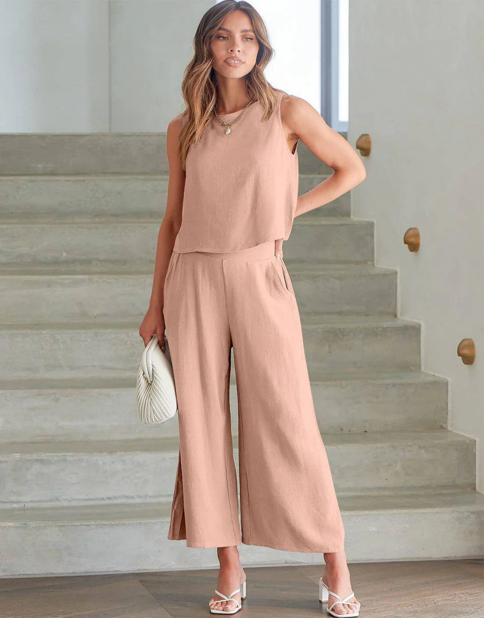 Sleeveless Tank Crop Button Back Top Cropped Pants Set With Pockets