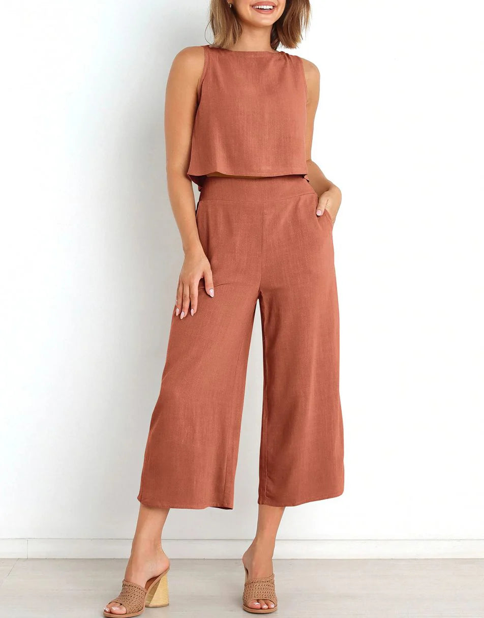 Sleeveless Tank Crop Button Back Top Cropped Pants Set With Pockets