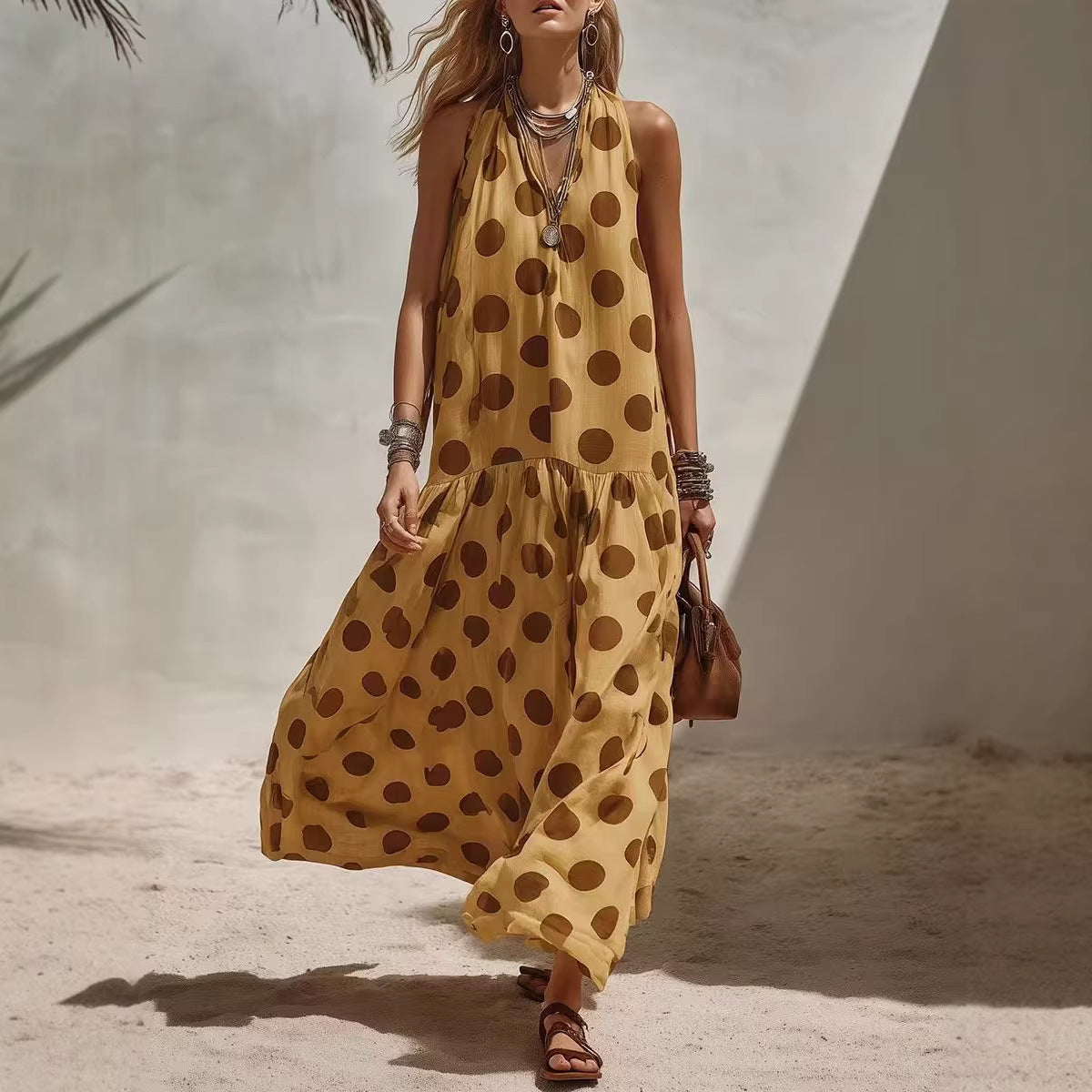 Women's Digital Print Short Sleeve Loose Maxi Dress – Knit Fabric