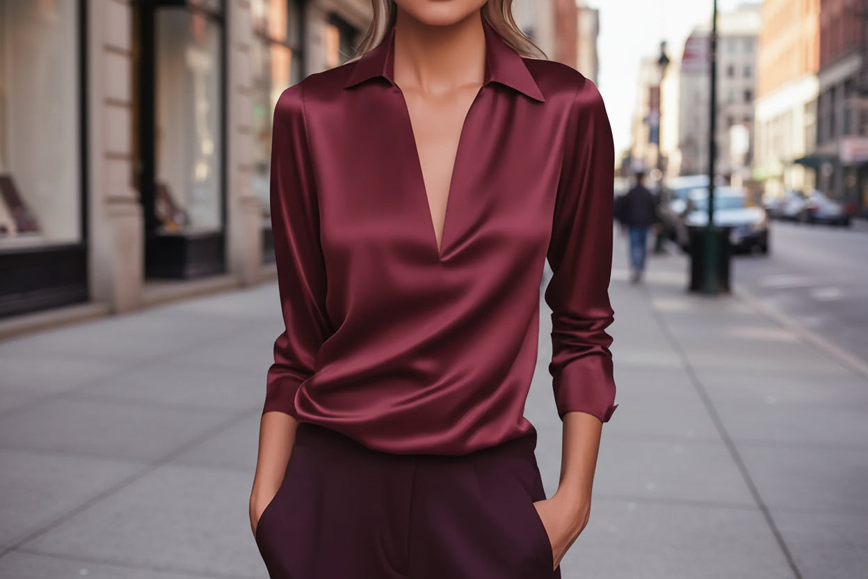 Elegant Women's V-Neck Long Sleeve Blouse With Satin Sheen Formal Shirt
