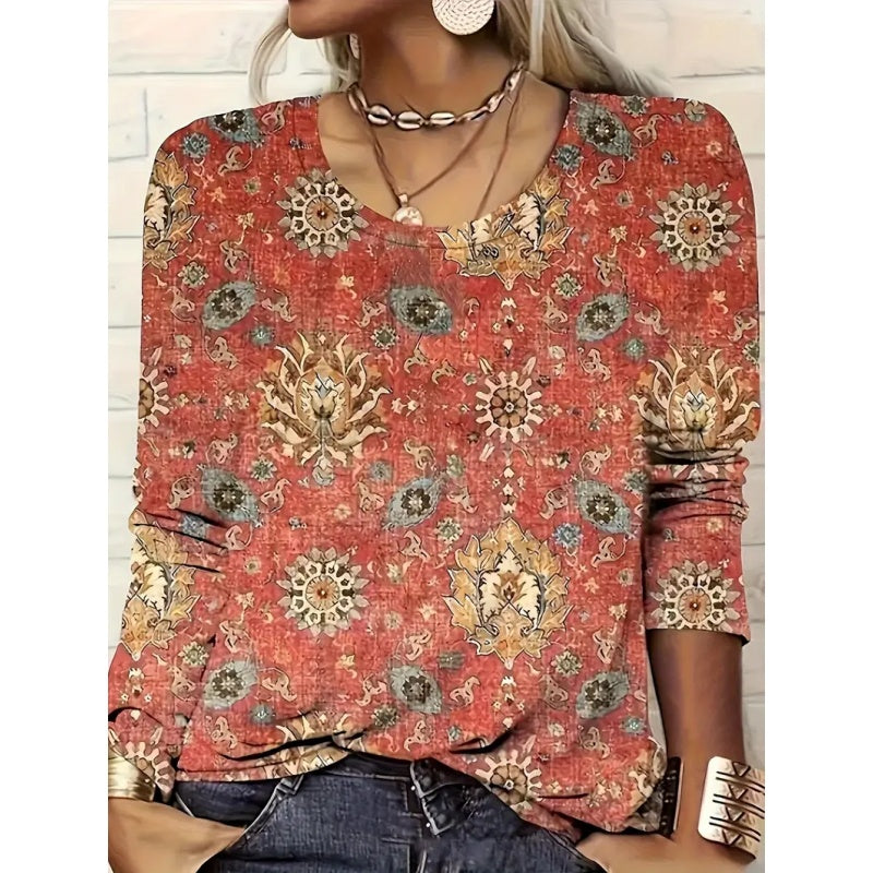 Women's Geometric Print Long Sleeve Loose Casual Tee
