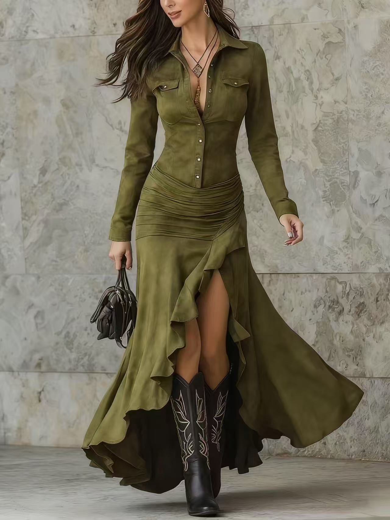 Women's Elegant Zipper Stand Collar Slit Slim-Fit Long Dress — Mermaid Maxi