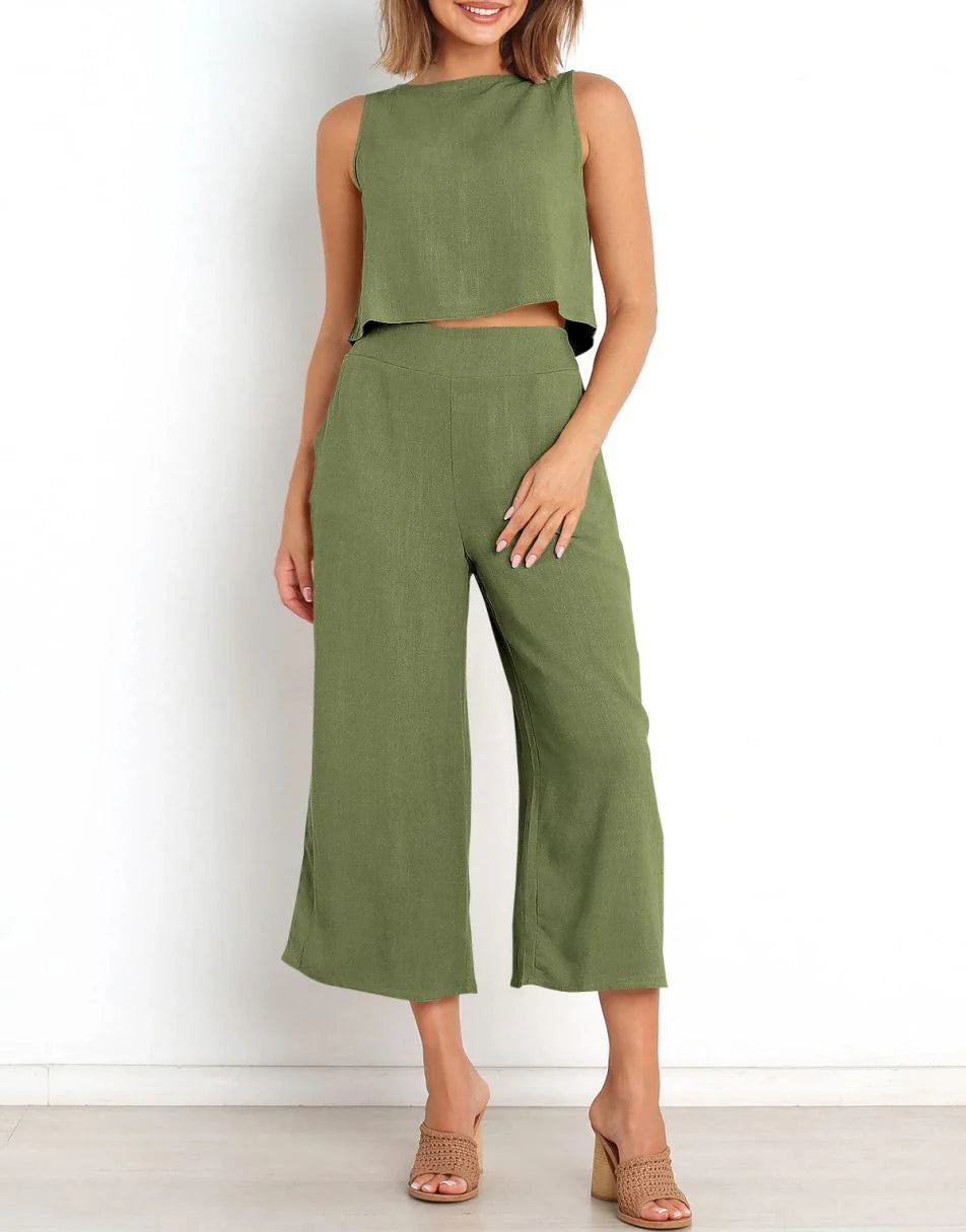 Sleeveless Tank Crop Button Back Top Cropped Pants Set With Pockets