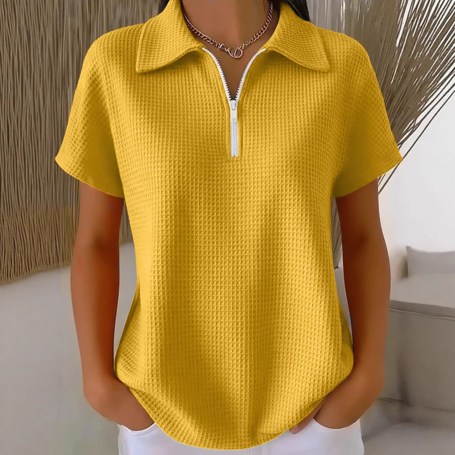 Drop Shoulder Half-Zip Waffle Knit Top – 3/4 Sleeve Pullover