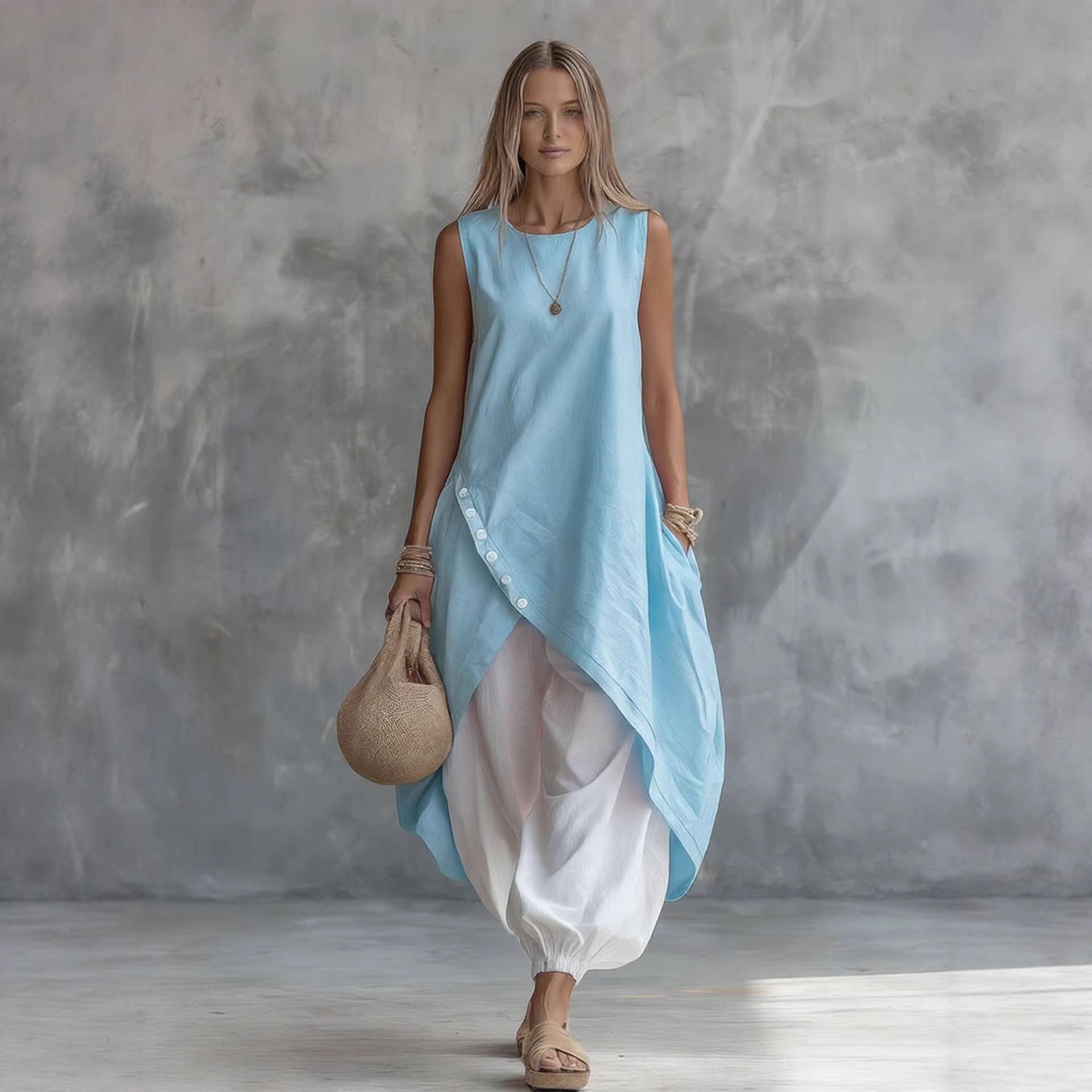 Solid-Color Sleeveless Loose-Fit Dress With Patch Pockets