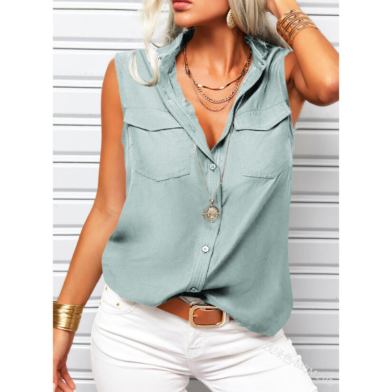 Women's Lapel Collar Sleeveless Top – Loose Fit, Pockets, Solid Color