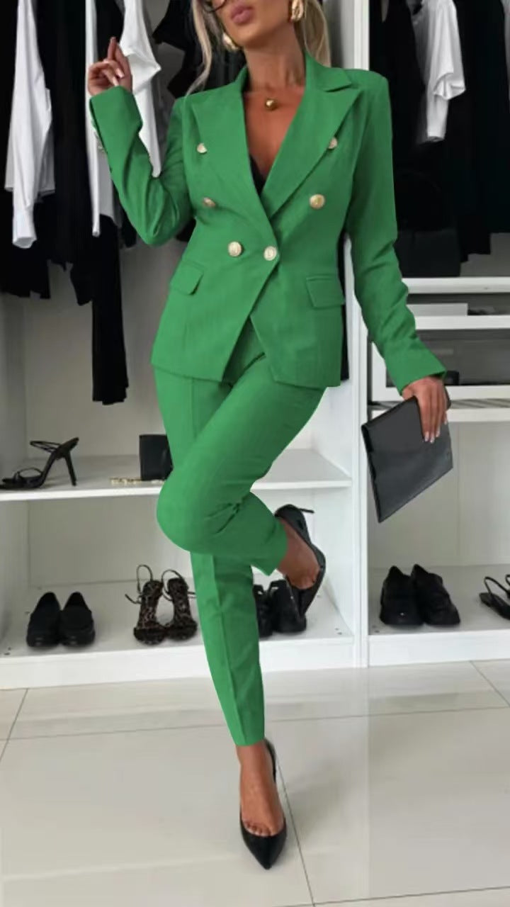 Double-Breasted Lapel Blazer & Zip-Up Trousers Suit