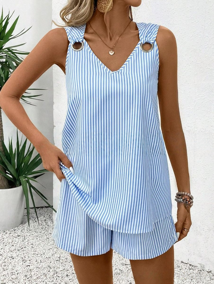 Striped Stand Collar Sleeveless Top & Shorts Set – Women's Summer Two-Piece
