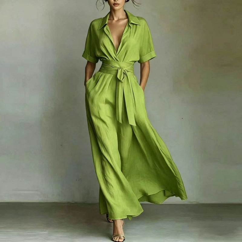 Women's Solid Color Waist-Slimming Maxi Dress — Flip Collar