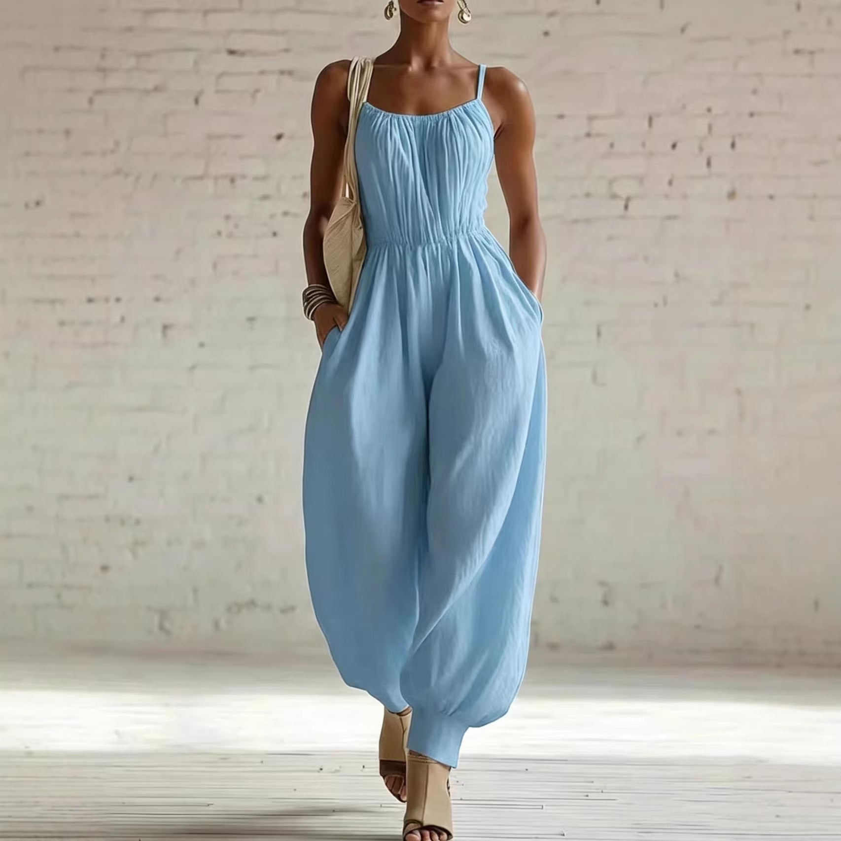 Women's Sleeveless Wide-Leg Jumpsuit – Knit, Low Waist, Flare Pants