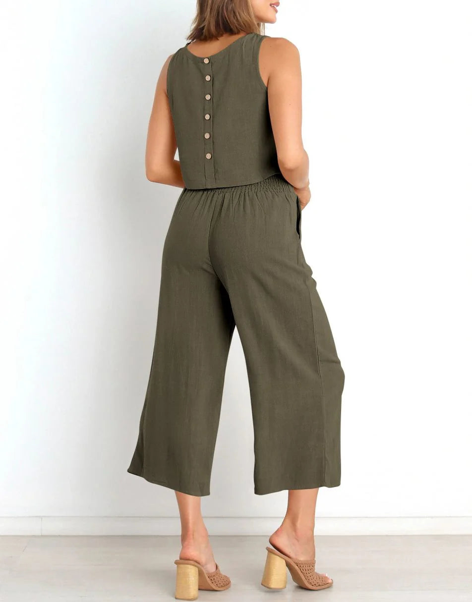 Sleeveless Tank Crop Button Back Top Cropped Pants Set With Pockets