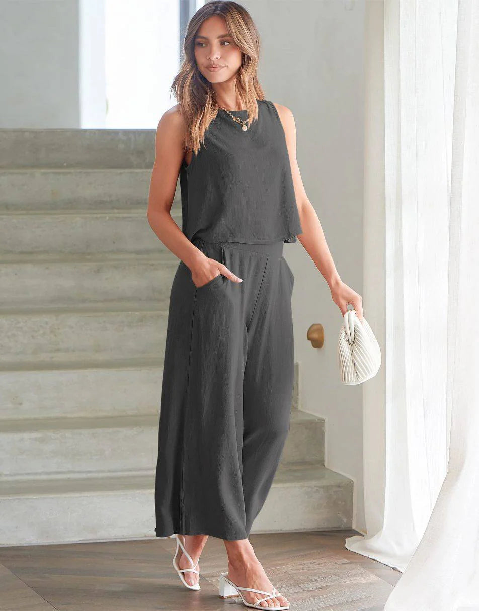 Sleeveless Tank Crop Button Back Top Cropped Pants Set With Pockets