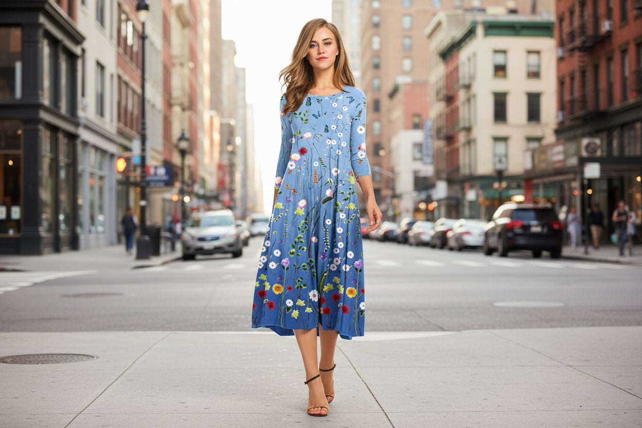 Women’s Floral Patchwork Three-Quarter Sleeve Dress