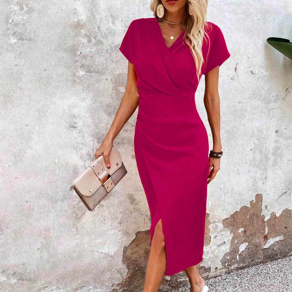 Split V-Neck Bodycon Dress – Slim Fit Short Sleeve Slit Dress