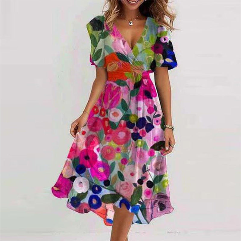 Floral Print A-Line Dress – V-Neck Short Sleeve Midi Dress