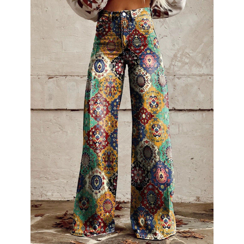 Women's Printed Flare Pants – Mid-Waist Full Length Plus Size