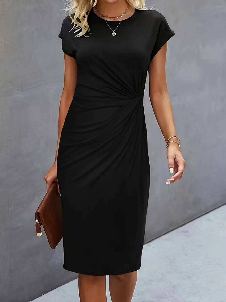 Front Knot Bodycon Midi Dress – Round Neck Sleeveless Tie Dress