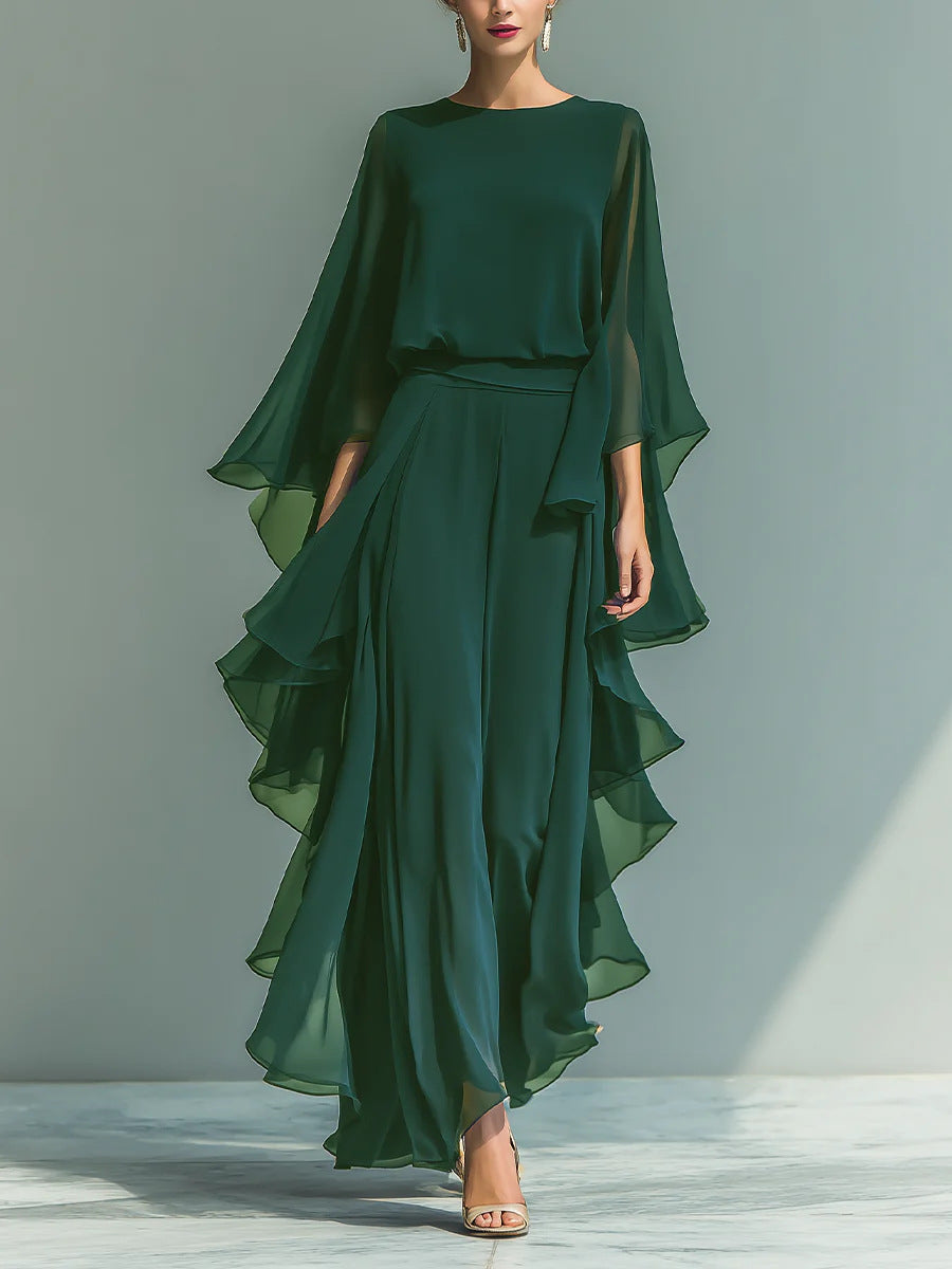 Ruffle Edge Wide-Leg Pants Set – Elegant Long Sleeve Two-Piece Outfit for Women