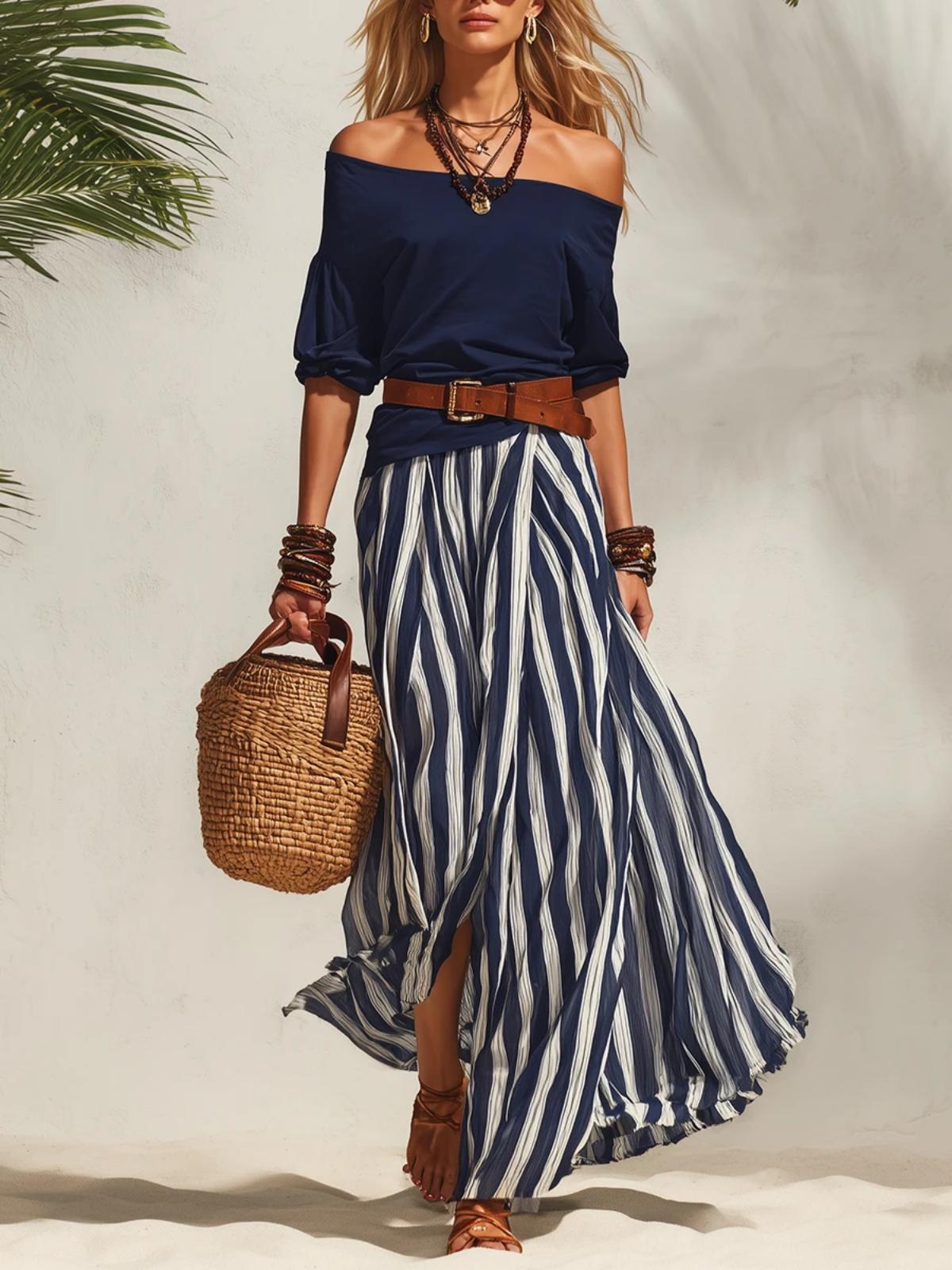 Women's Off-Shoulder Top & Slit Maxi Skirt Set