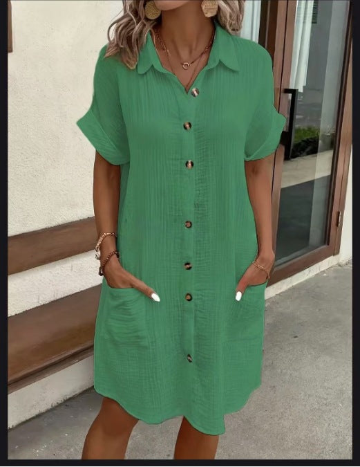 Women's Casual Loose Short-Sleeve Midi Shirt Dress – Button-Down