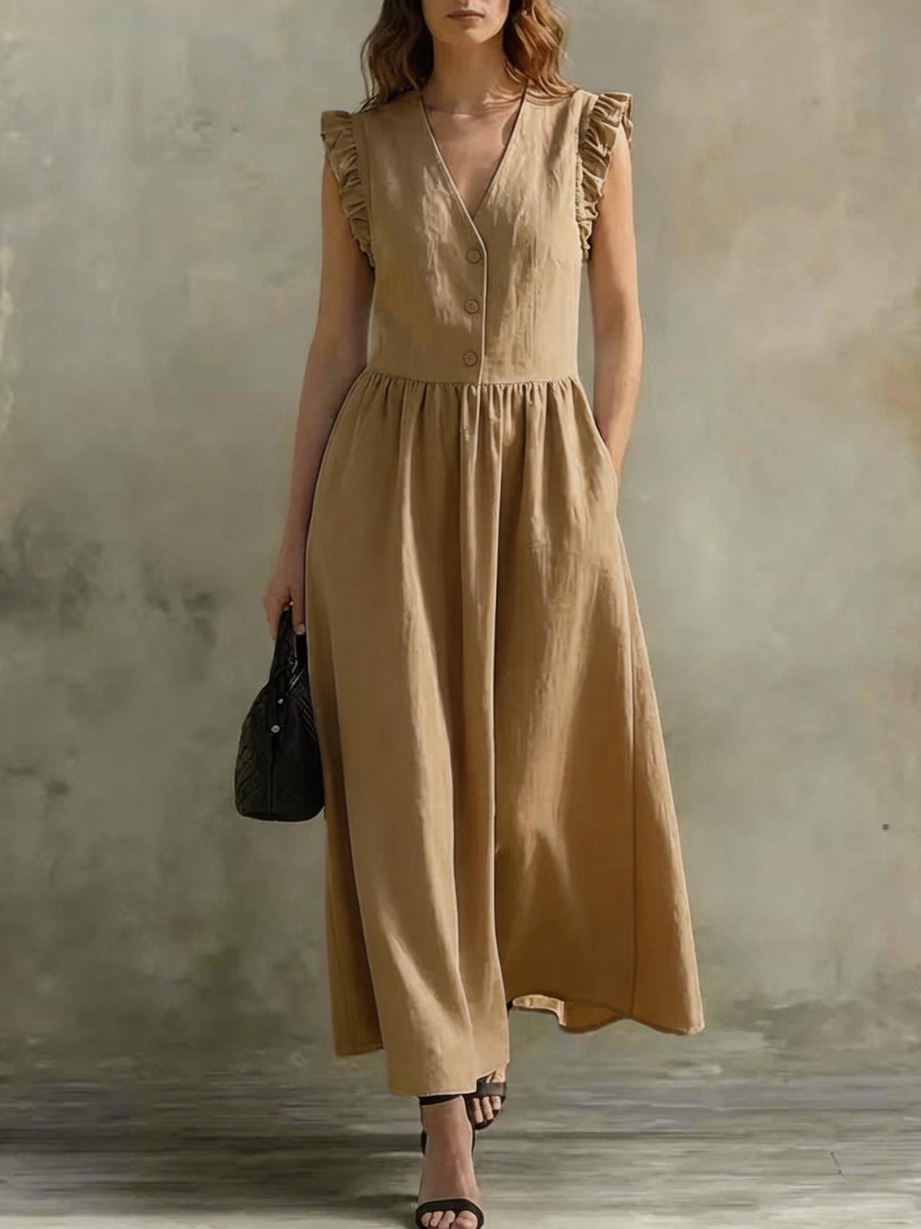 V-Neck Puff-Sleeve Dress with Pockets – Cotton Linen, 7 Colors