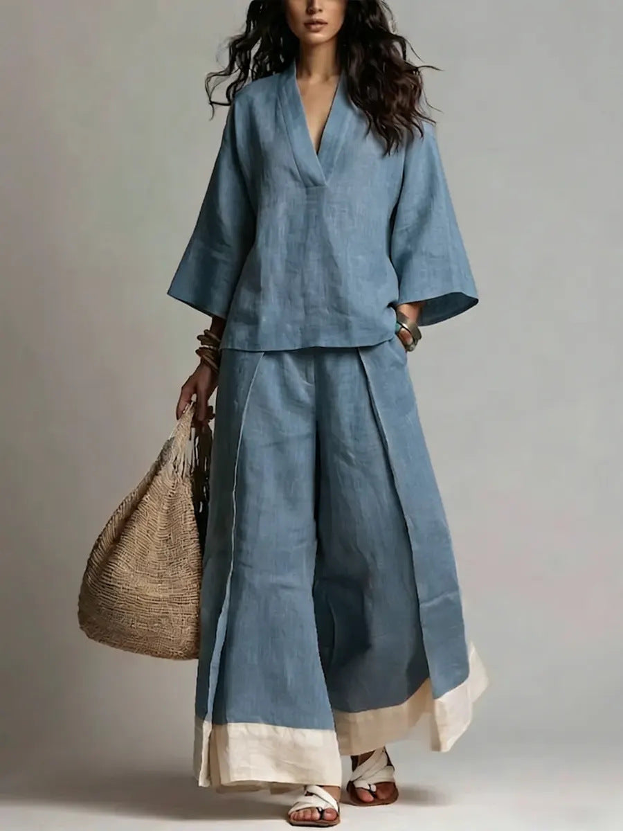 Women's Cotton-Linen V-Neck 3/4 Sleeve Shirt & Wide-Leg Pants Set