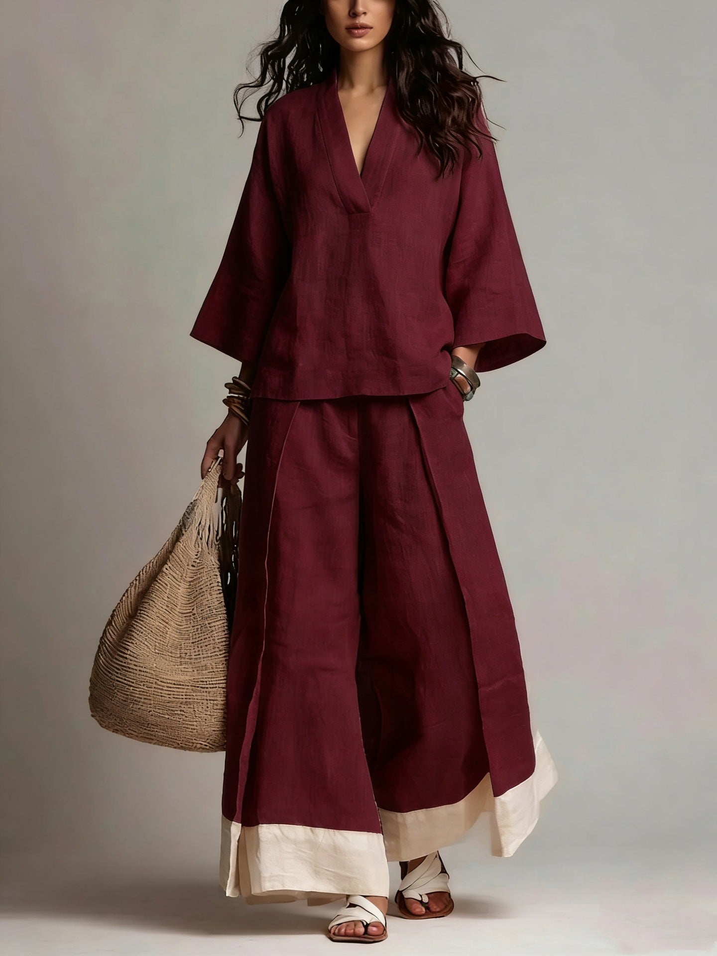 Women's Cotton-Linen V-Neck 3/4 Sleeve Shirt & Wide-Leg Pants Set