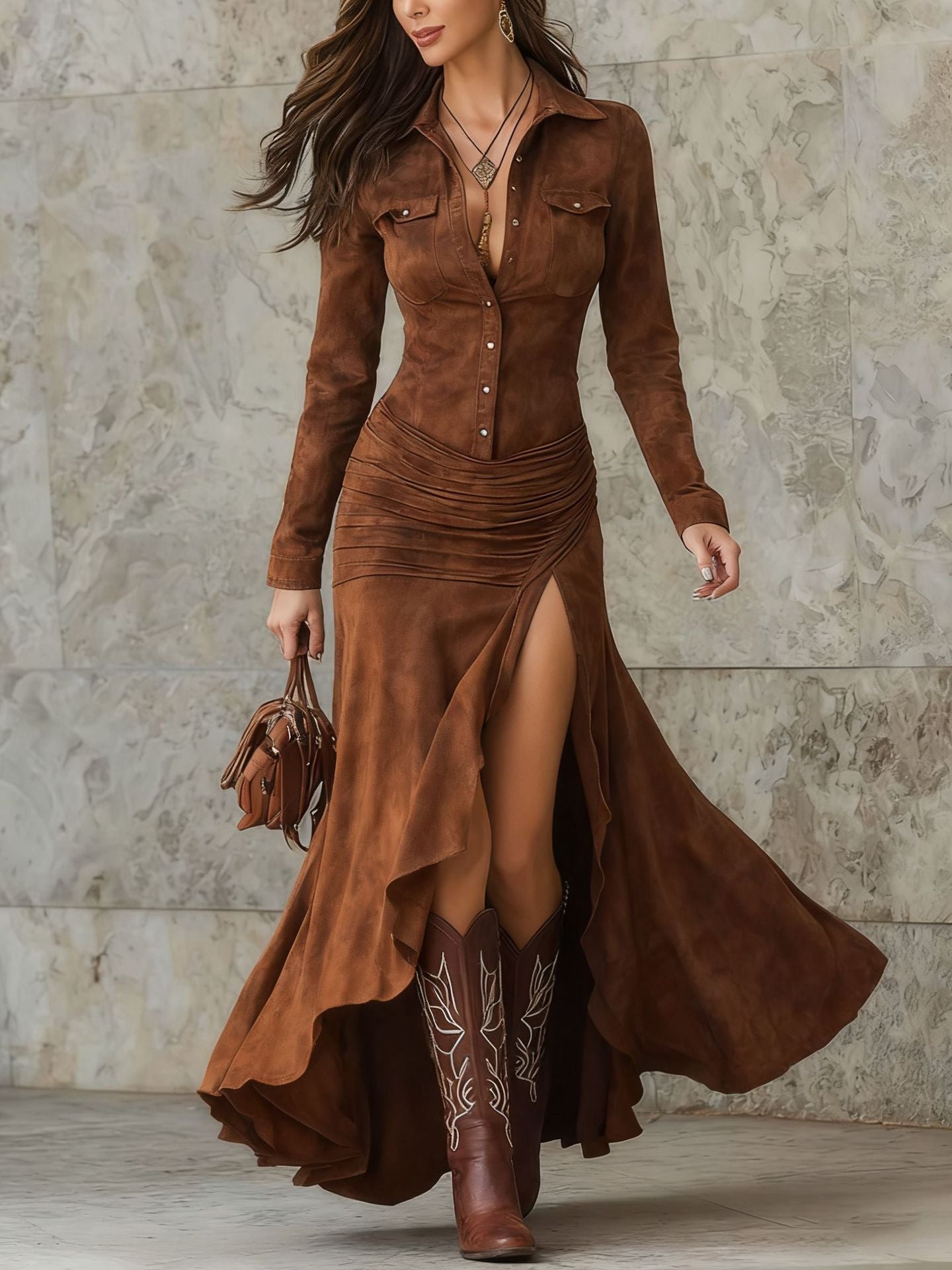 Women's Elegant Zipper Stand Collar Slit Slim-Fit Long Dress — Mermaid Maxi