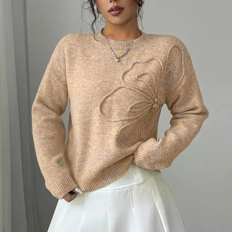 Women's Elegant Floral Sweater - Crew Neck Long Sleeve Casual Pullover