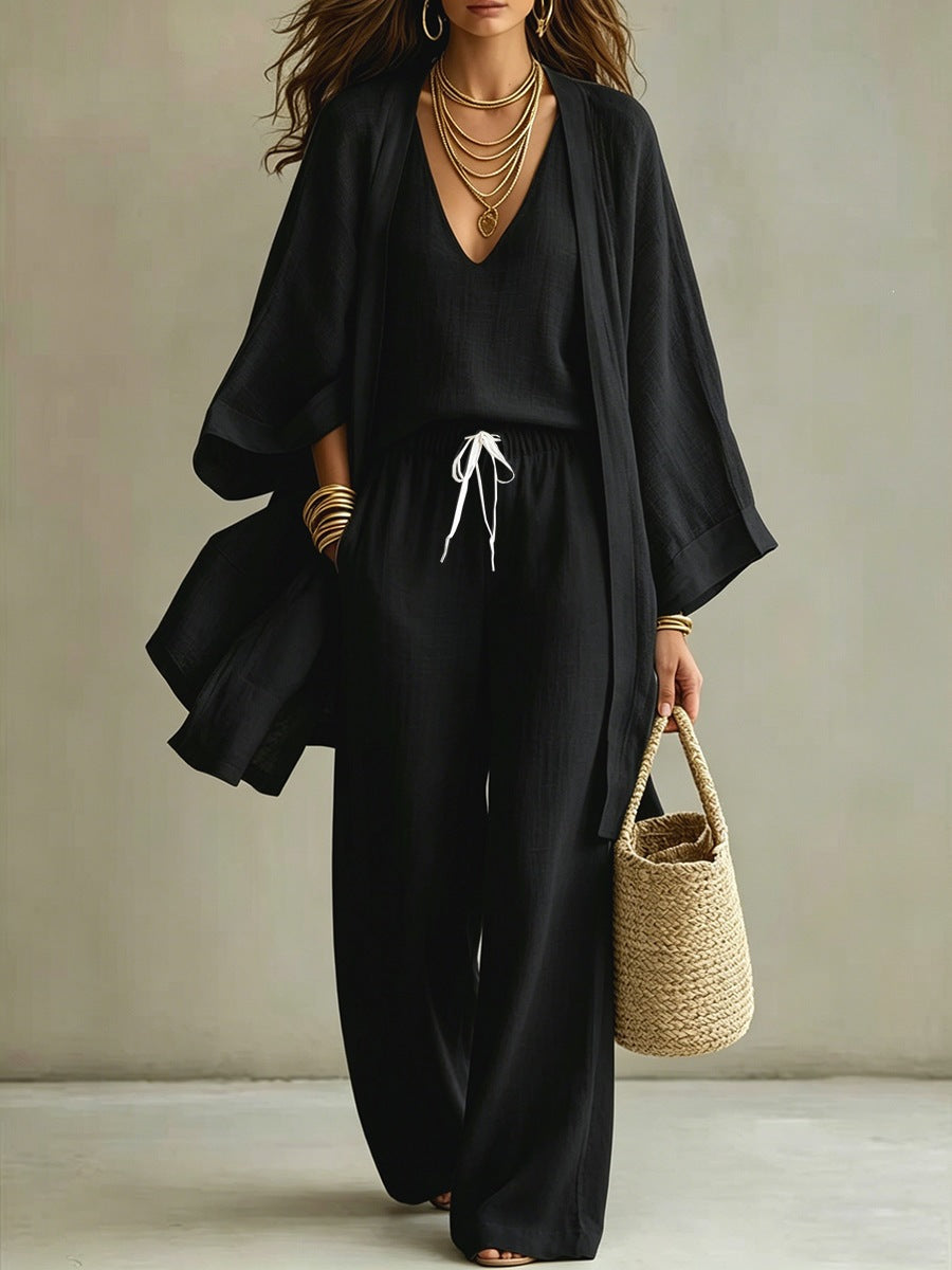 Women's 3-Piece Cardigan, Sleeveless Vest & Wide Leg Pants Set