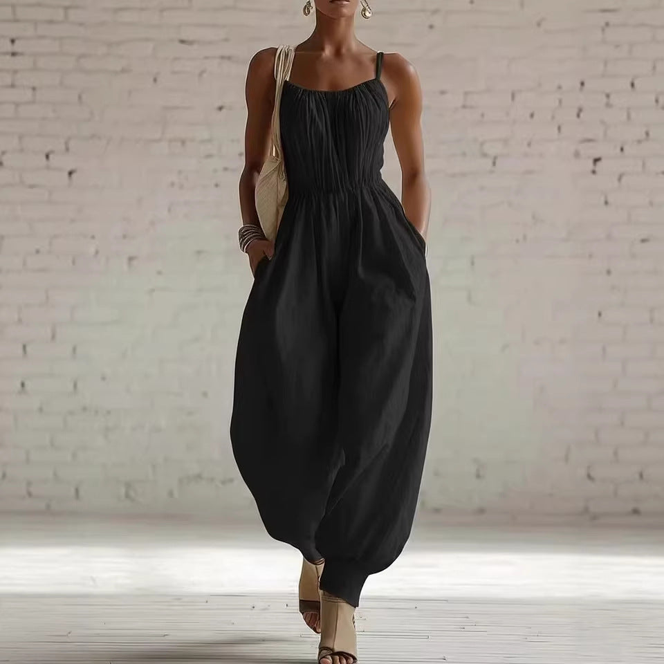 Women's Sleeveless Wide-Leg Jumpsuit – Knit, Low Waist, Flare Pants