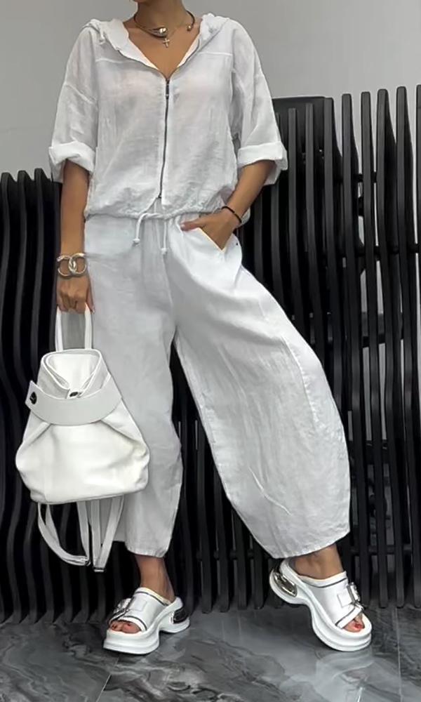 Women’s Cotton Linen Long Sleeve Top and Pants Set