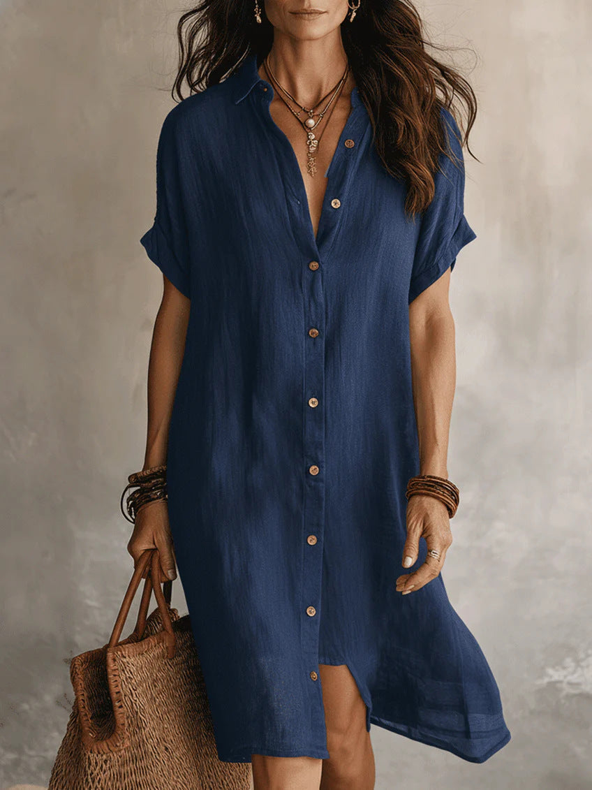 Women's Buttoned Midi Shirt Dress – Short Sleeve Cotton Linen