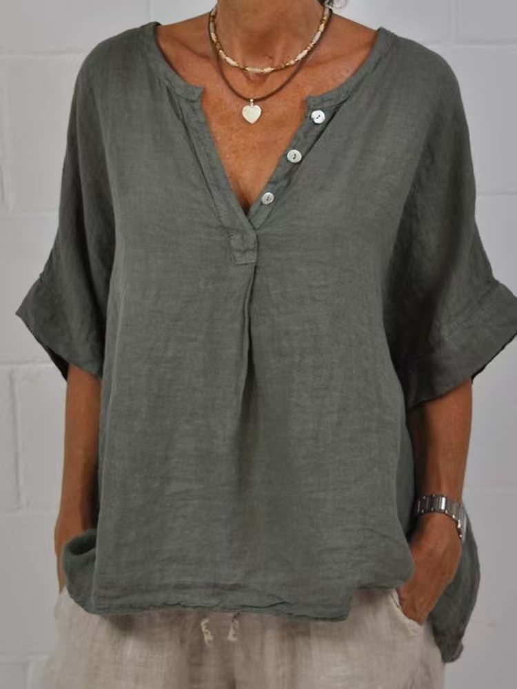 Women's Cotton Linen V-Neck Button-Up Shirt